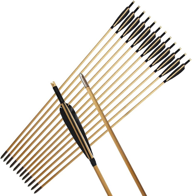 e5e10 33inch Wooden Arrows Handmade Tradition Target Arrows with Turkey Feather Fletching with Field Points for Recurve Bow Longbow Archery Practice 12PACK - Image 1